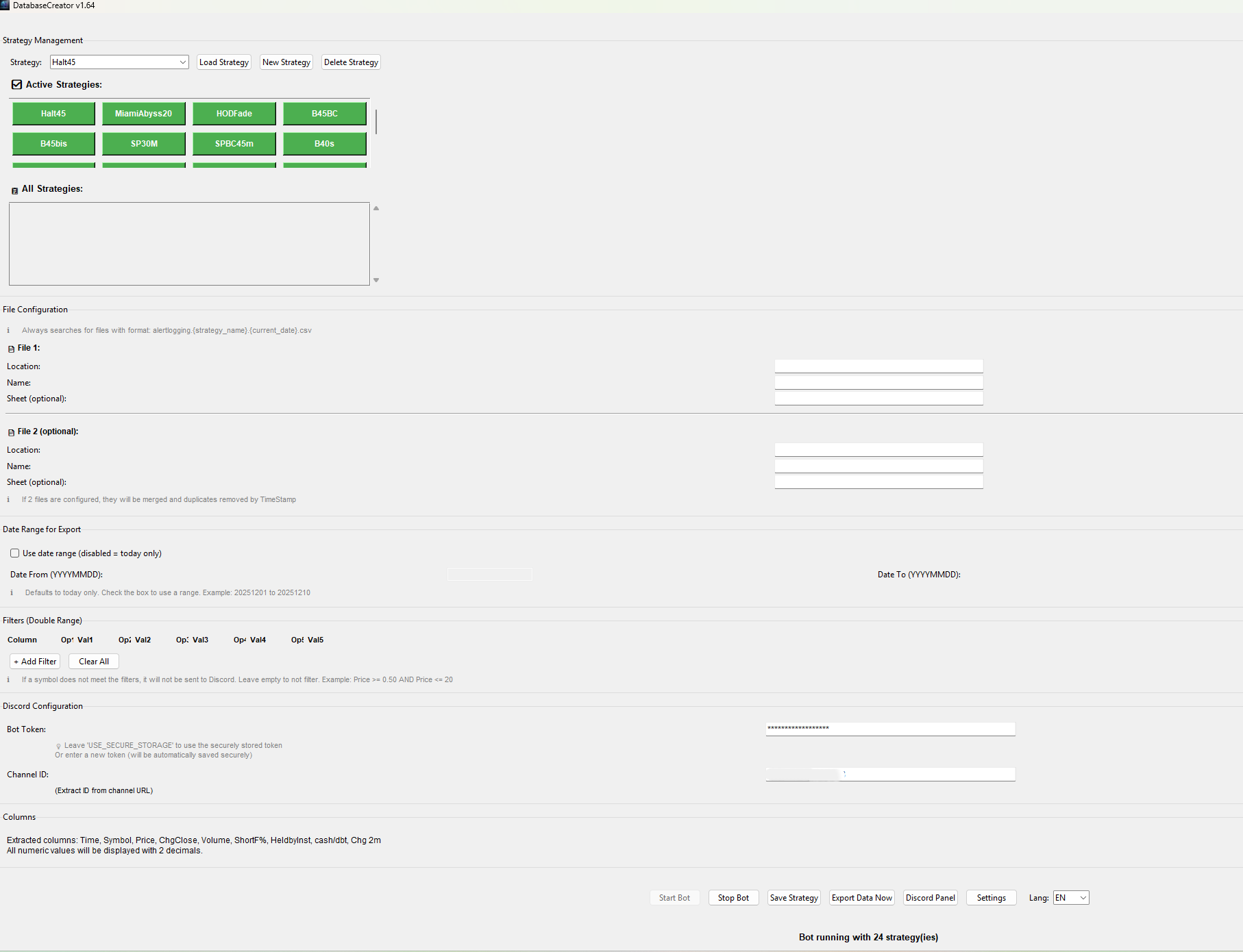 Database Creator main window - multi-strategy trading alert system with Trade Ideas scanner integration and one-click Discord bot launch