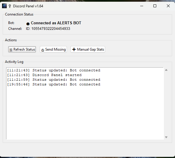 Discord bot control panel - real-time connection status, activity log, manual alert sending, and integrated Gap Stats editor for day trading