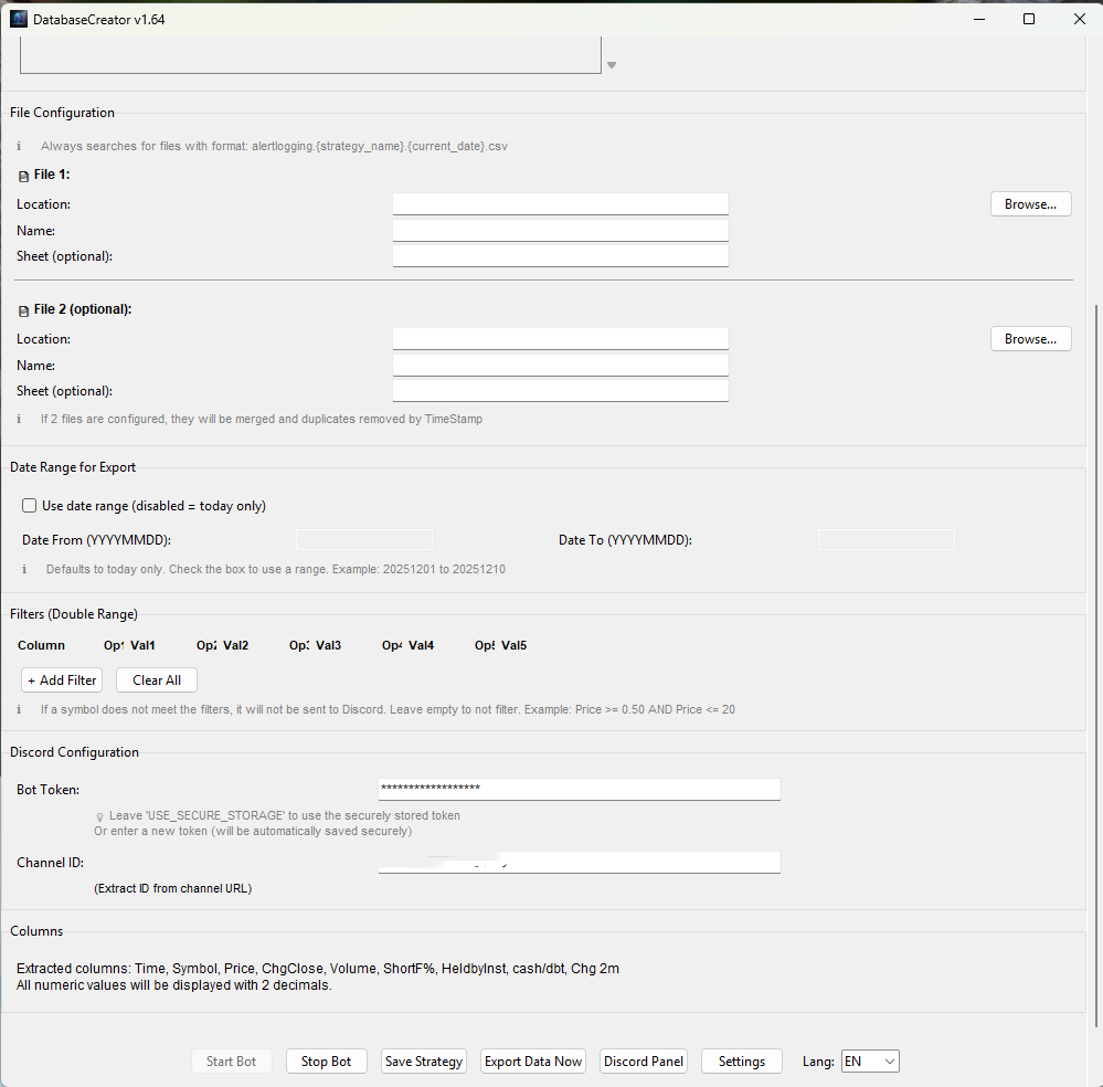 Database Creator advanced filter engine - multi-condition stock screener filtering by price, volume, short float, gap stats with AND/OR logic