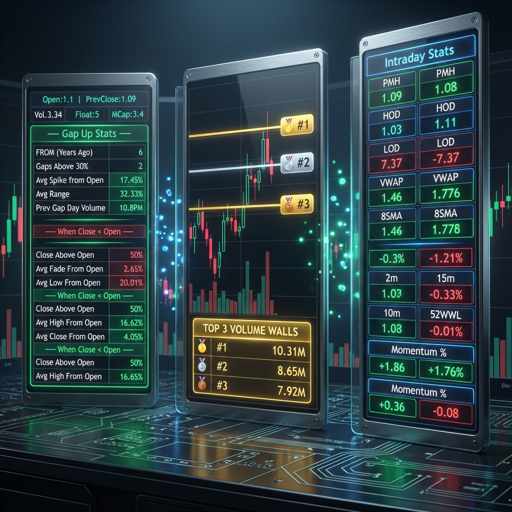 Triple Indicator Showcase - Gap Up Stats, Intraday Stats, Volume Walls working together in TradingView