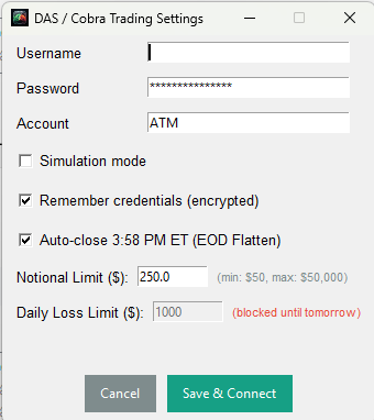 SmallCap Executor broker connection and risk controls window
