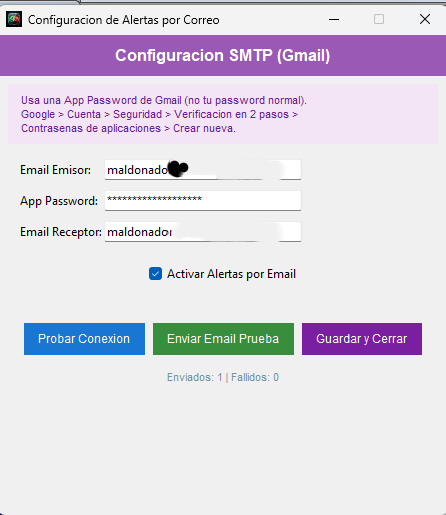 SmallCap Executor email notification settings window
