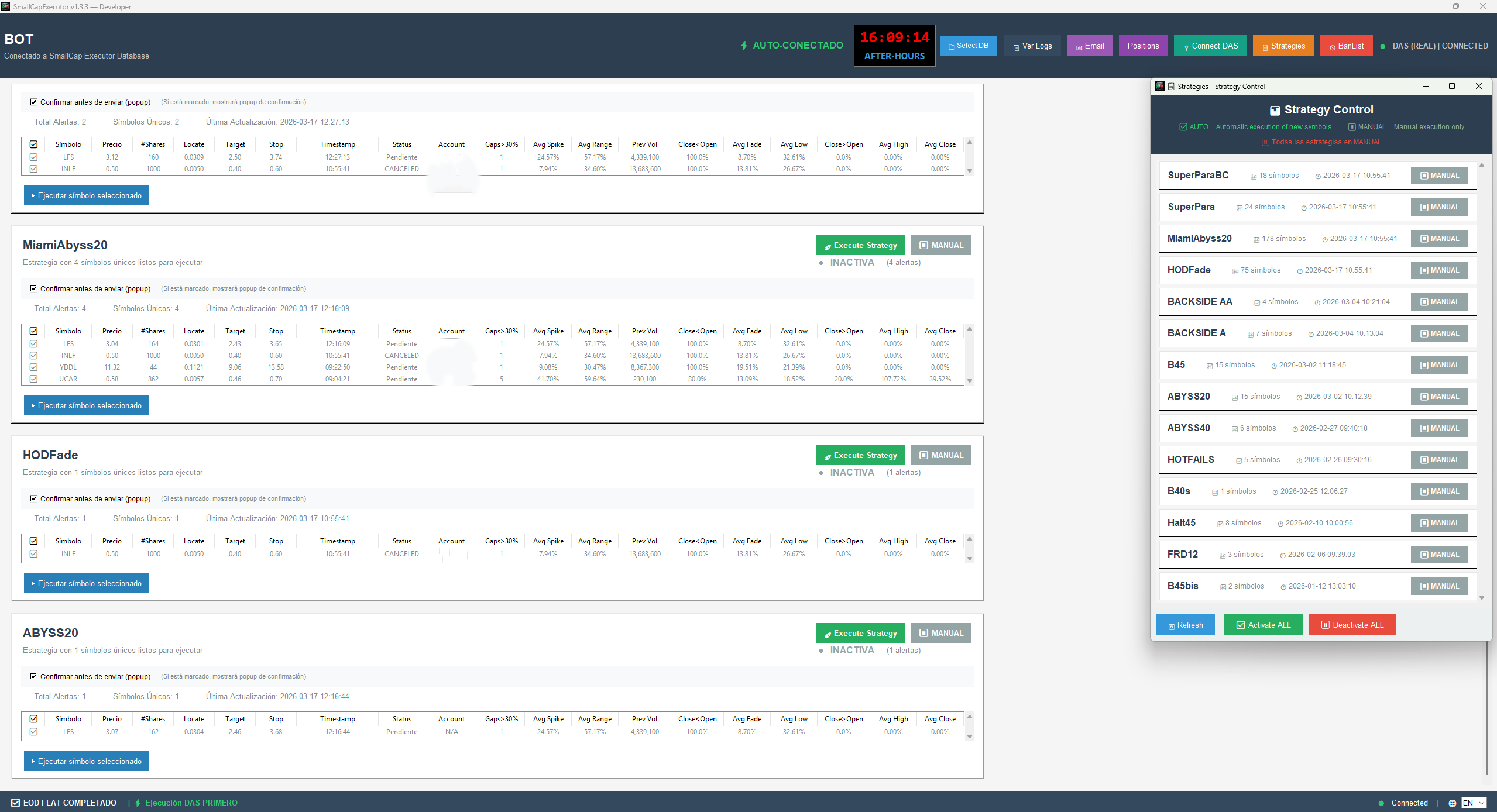 SmallCap Executor strategy and general settings window